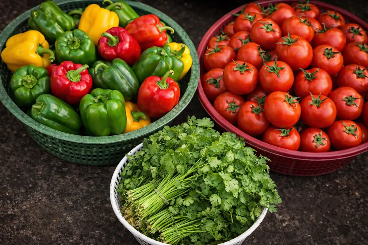 Capsicum, tomatoes, and coriander harvest