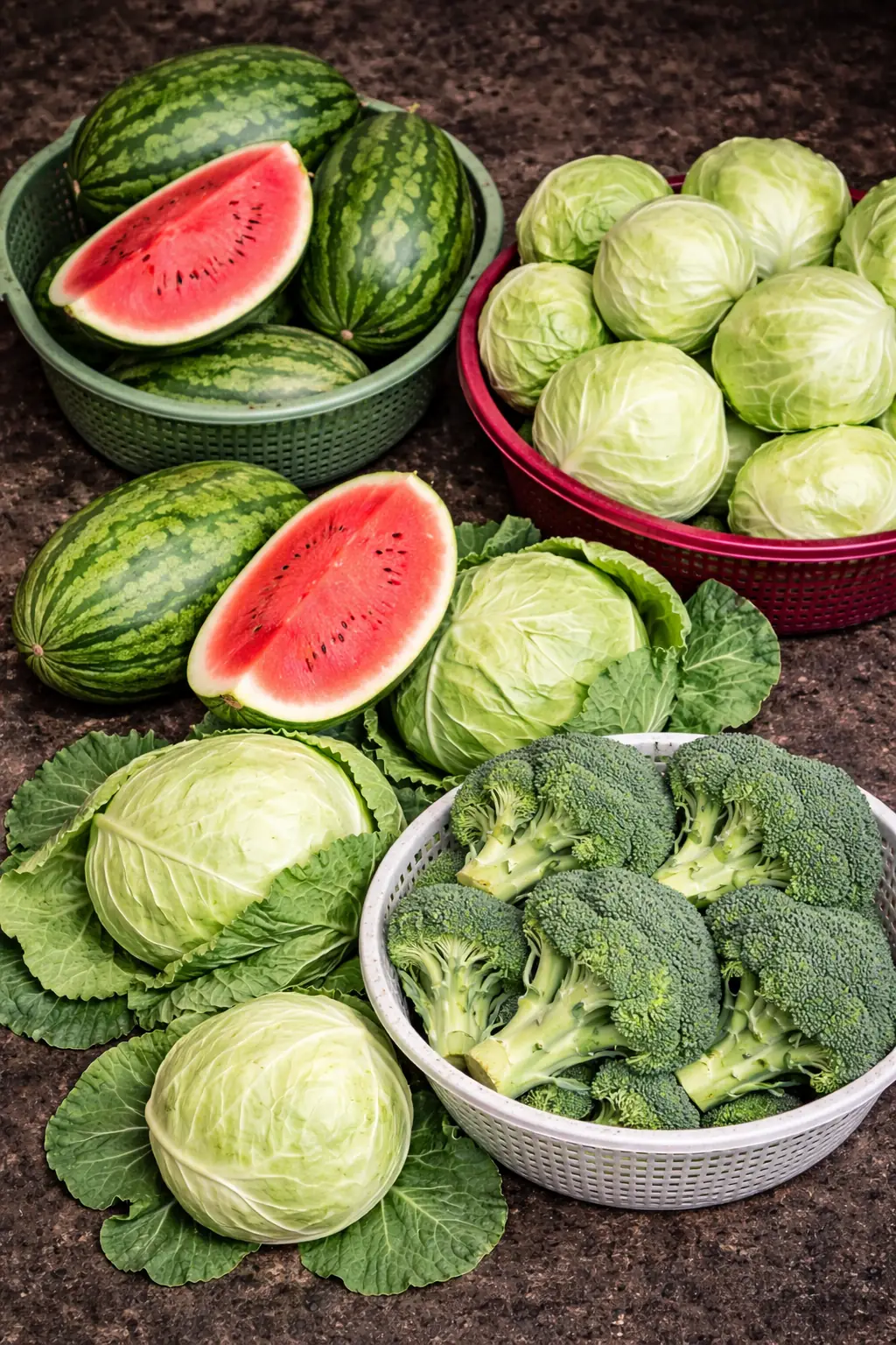 Watermelon, cabbage, and broccoli harvest