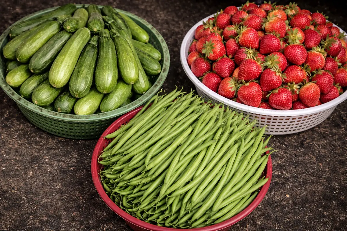 Zucchini, French beans, and strawberries