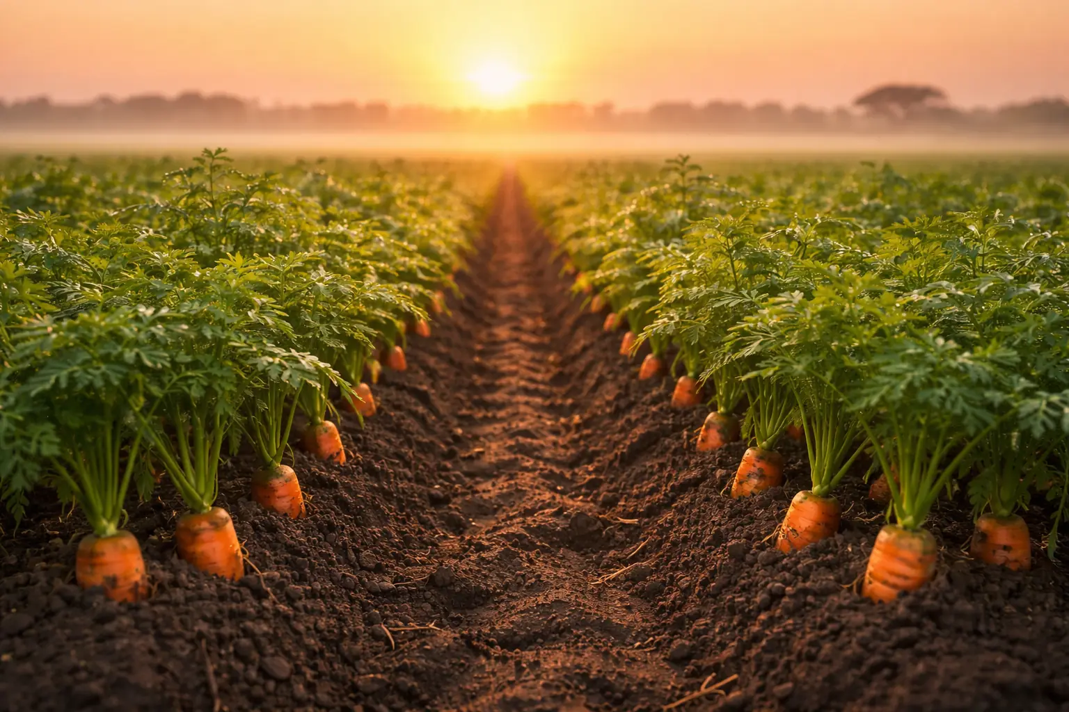 Carrots growing at sunset