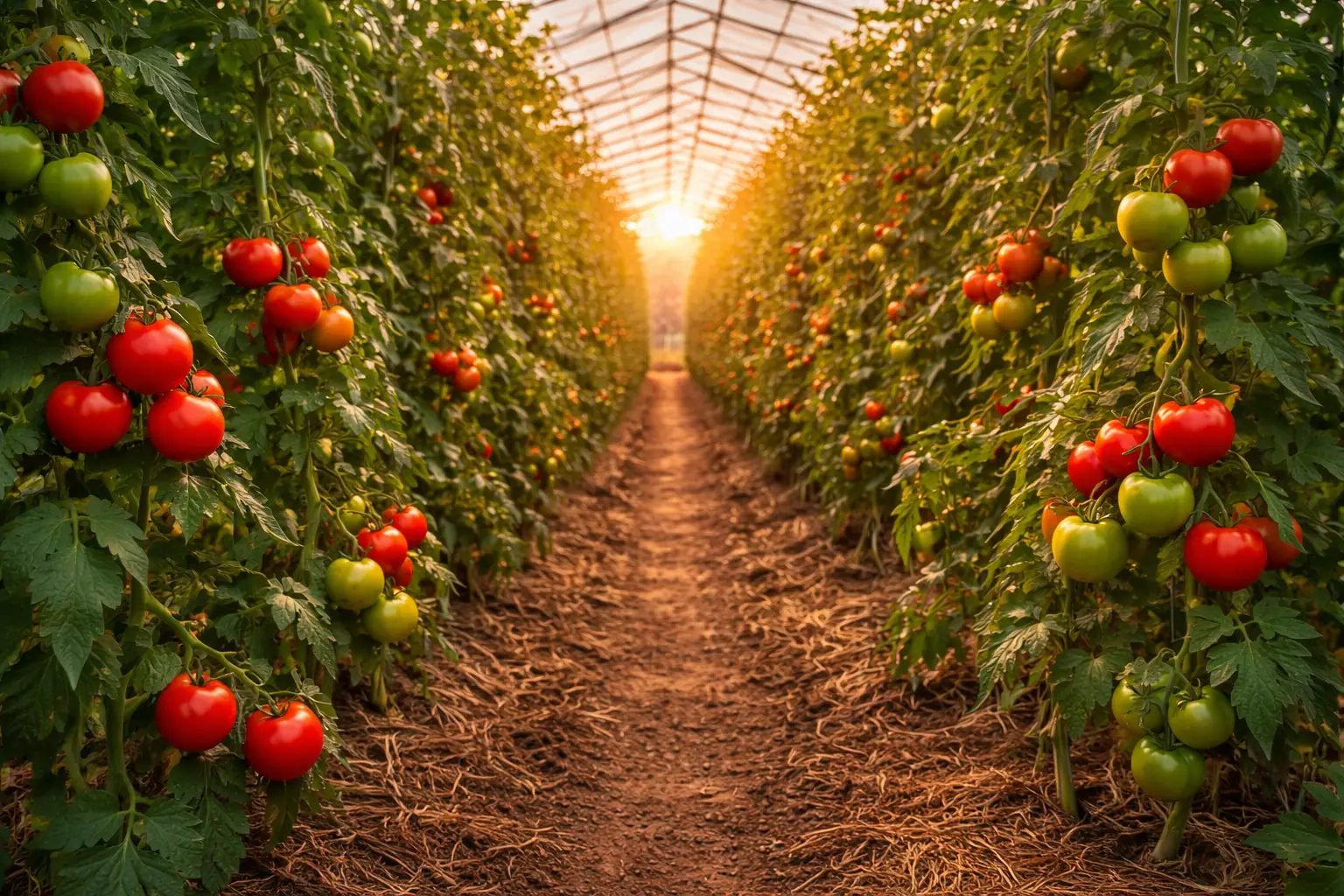 Tomatoes ripening at sunset