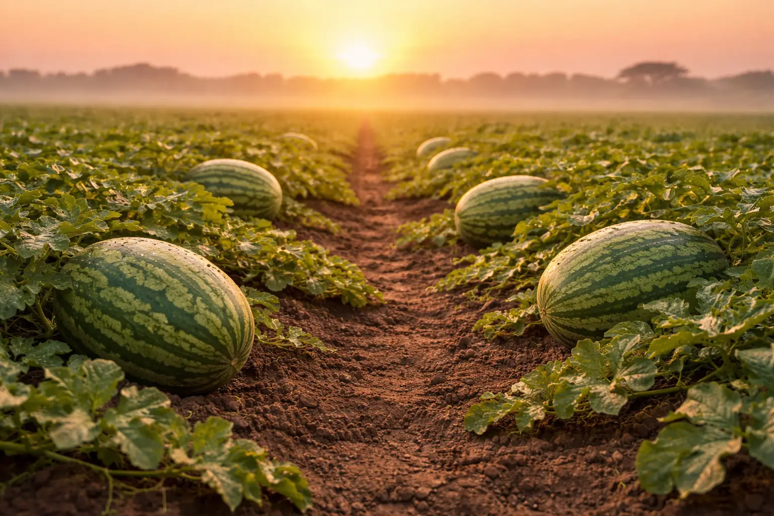 Watermelons in the field at sunset